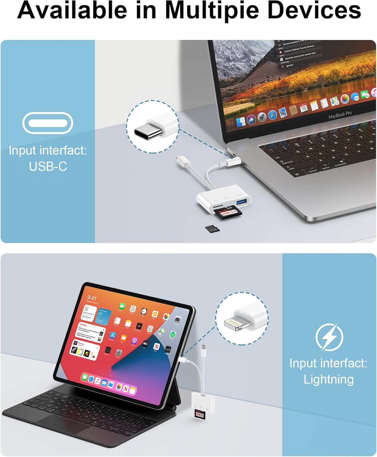3 in 2 Lightning & USB-C SD Card Reader for iPhone 16 Pro Max 15 Plus 14, Dual Port OTG MicroSD Memory Card Reader Dongle Adapter with SD/TF/USB3.0 Slot for Camera iPad Galaxy S25 S24 MacBook Air/Pro