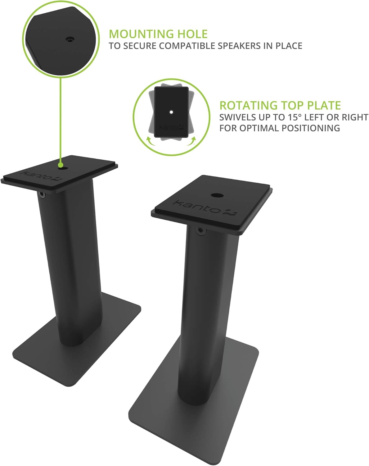 Kanto SP9 Rising Desktop Speaker Stands for Small/Medium Bookshelf Speakers & Compact/Mid-Size 2”-4” Studio Monitors | 8.3" Tall | Black | Pair