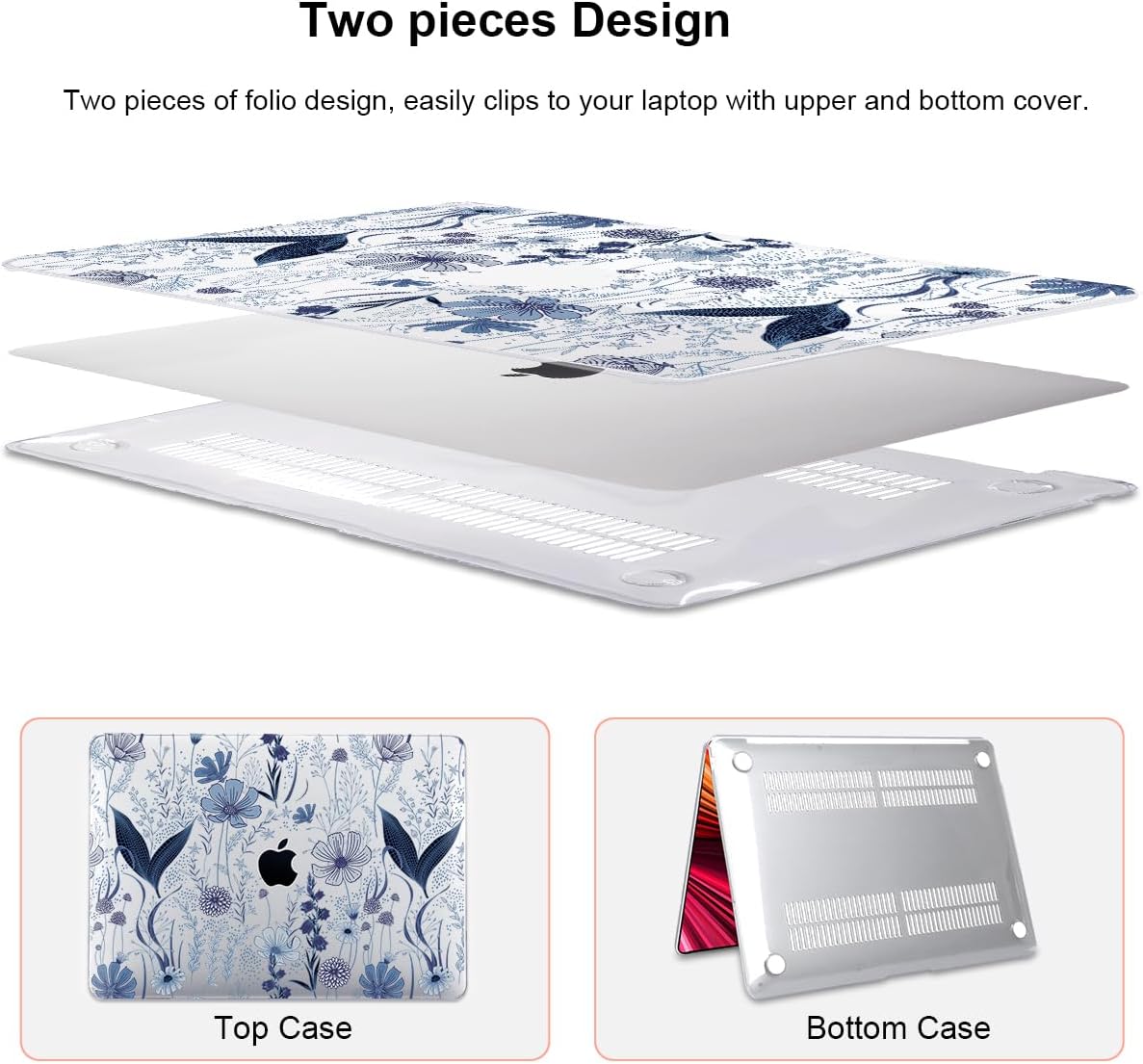 Compatible with 2018 2019 2020 2021 MacBook Air 13 inch Case M1 A2337 A2179 A1932, Clear Printed Pattern Hard Shell Case & Keyboard Cover for Mac Air 13 M1 Touch ID, Navy Blue Wild Flowers