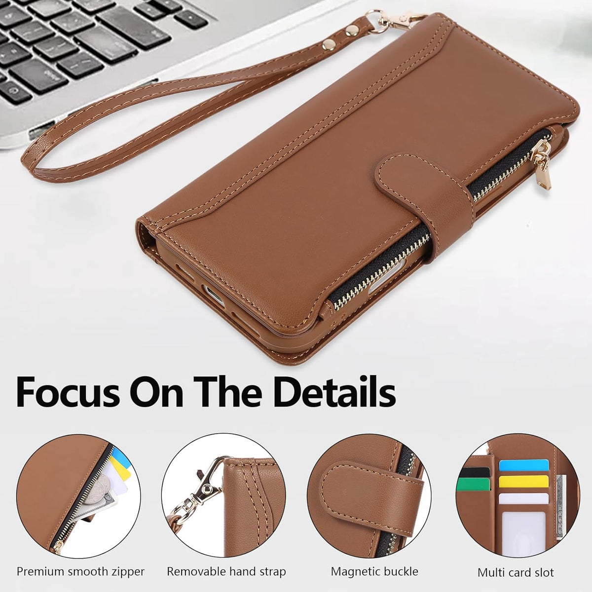 Compatible with iPhone 12 Pro Max Wallet Phone Case-PU Leather Magnetic Flip Cover with Credit Card Slots,Zipper Pocket & Detachable Wrist Strap,Shockproof Design,for Women and Men-Brown