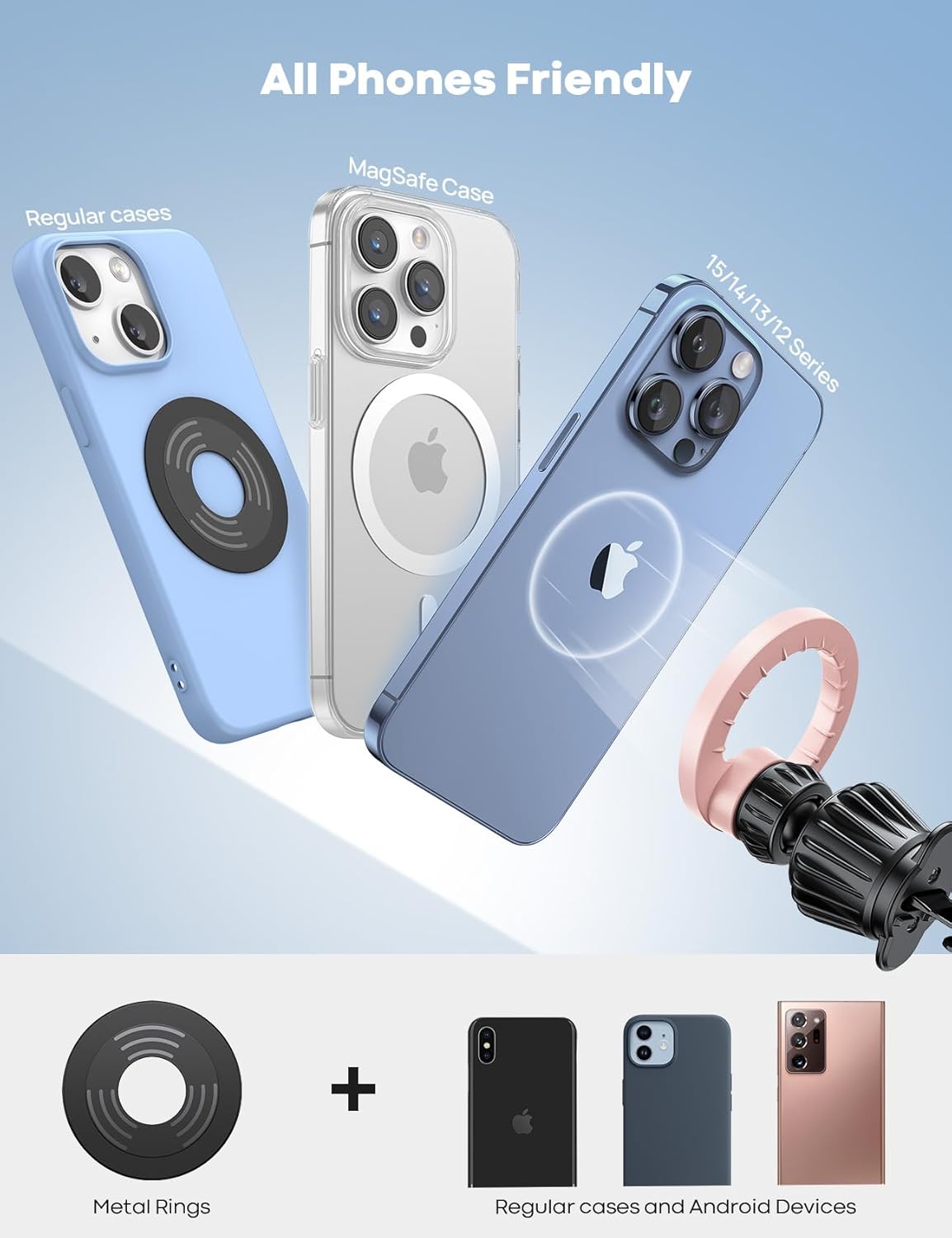 Lamicall Magnetic Car Mount - [20 Super Magnets] Air Vent Phone Holder Car, Hands Free Cell Phone Holder Clip Pink