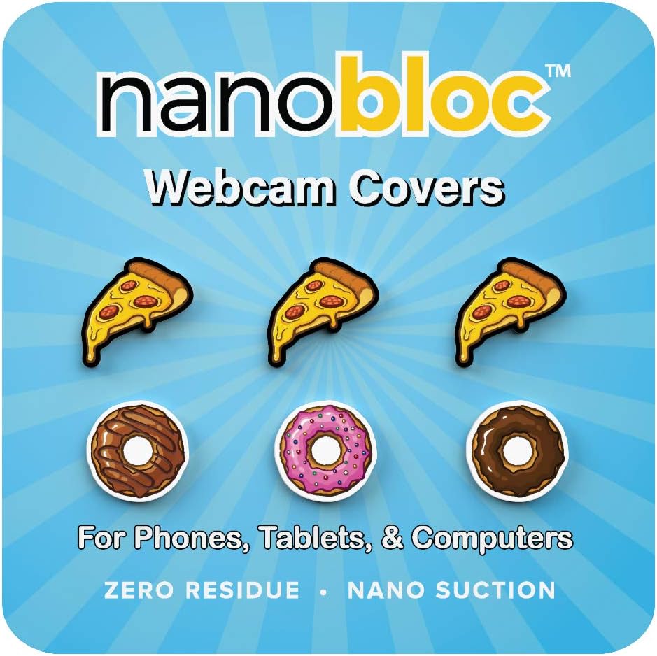 NanoBloc Webcam Cover - Universal Reusable Camera Cover for All Devices - Safe Screen Closure, Strong Nano Suction No Residue (6-Pack, Pizza Donut)