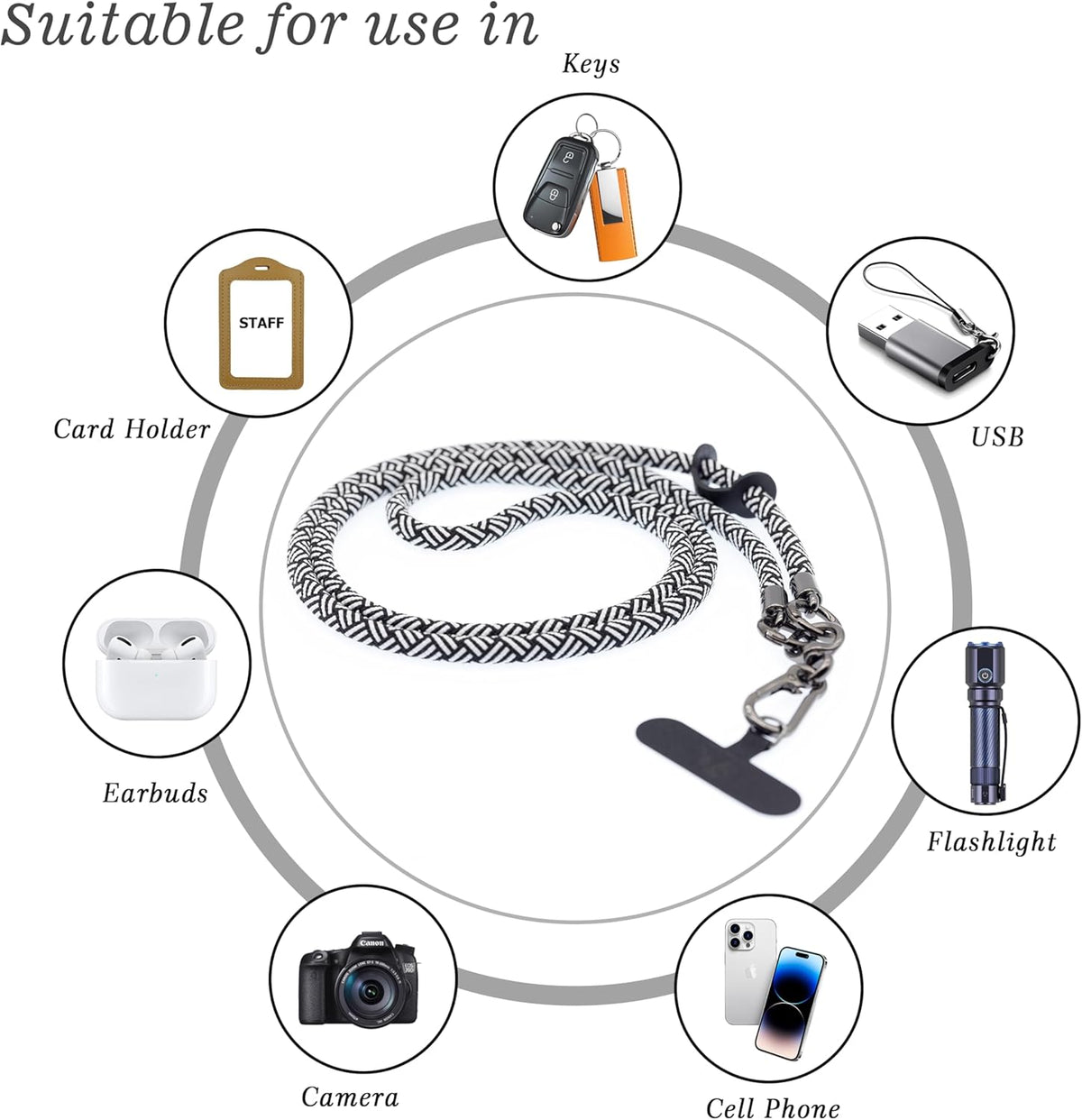 Phone Lanyard Universal Cell Phone Strap Crossbody Strap for iPhone Lanyard Around the Neck Extra Long Rope with Tether Tab for Men and Women (Zebra Black)