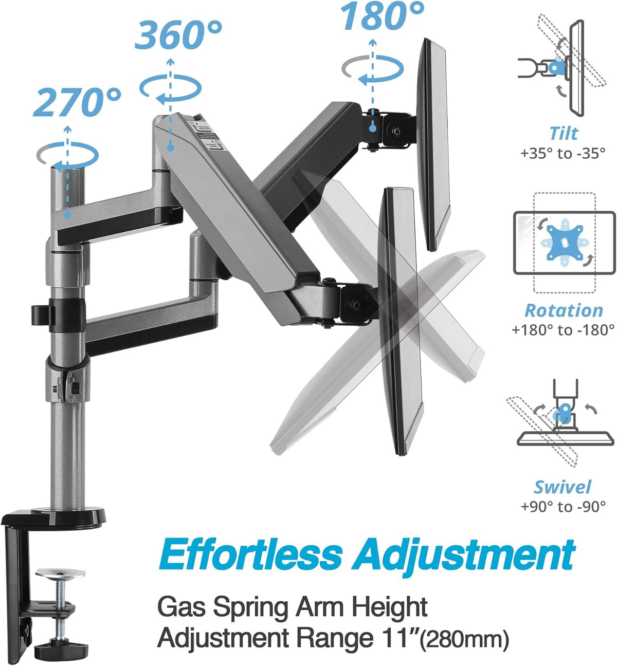 AVLT Dual 13"-27" Stacked Monitor Arm Desk Mount - Fits Two Flat/Curved Monitors, Full Motion Height Swivel Tilt Rotation Adjustable - VESA/C-Clamp/Grommet/Cable Management