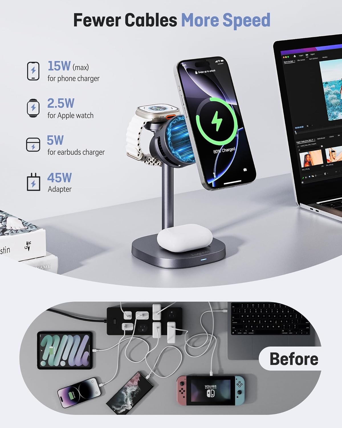2025 New Magnetic Wireless Charger with Active Cooling, 15W Qi2 Fast 3 in 1 Charging Station for Apple Charger Stand, Wireless Charger for iPhone16/15/14/13/12 Series, Apple Watch, AirPods