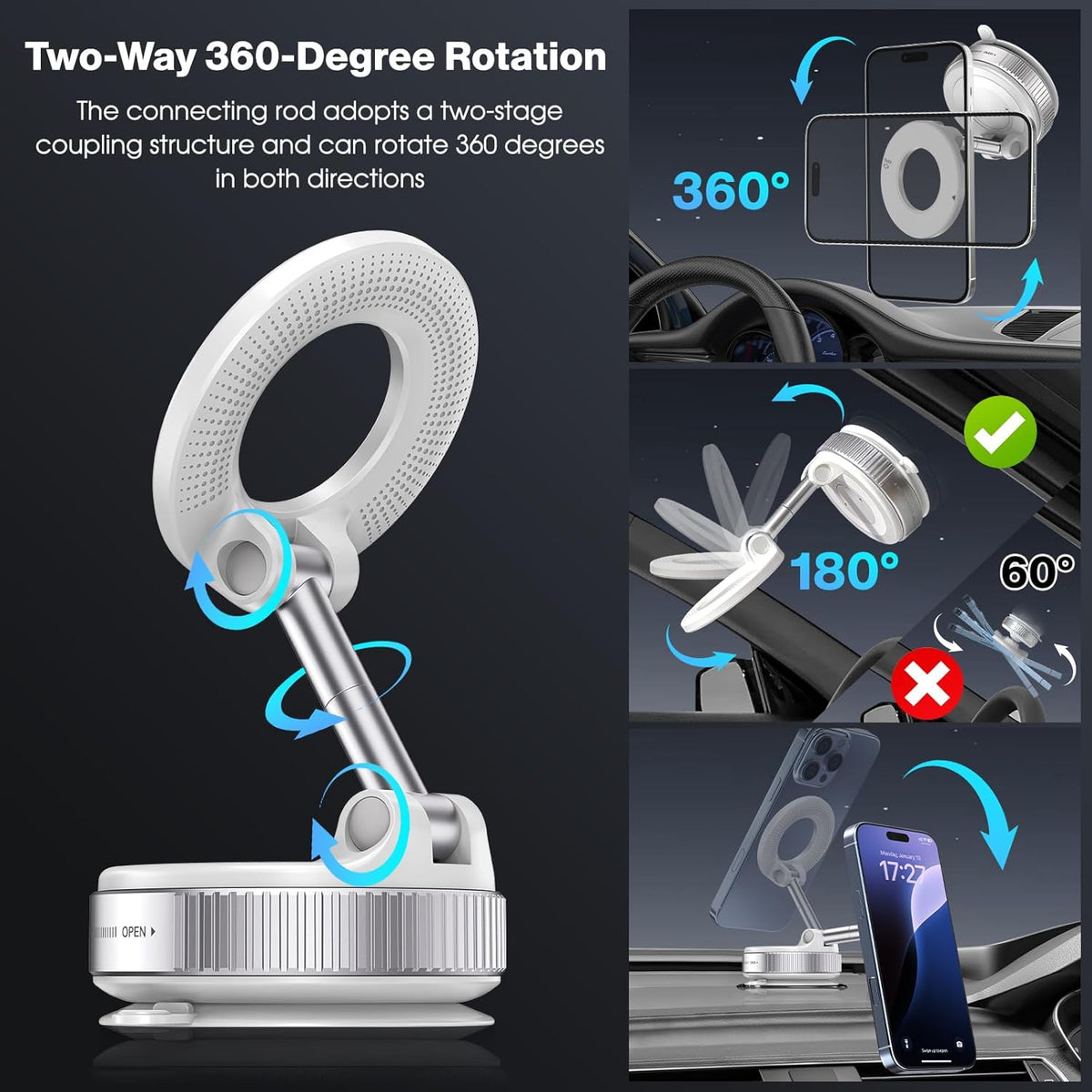Vacuum Magnetic Suction Phone Holder, Foldable and Retractable Hands-Free Suction Cup Phone Mount for Car/Gym/Mirror/Smooth Surface, Compatible with iPhone Android and All Smartphones (White)