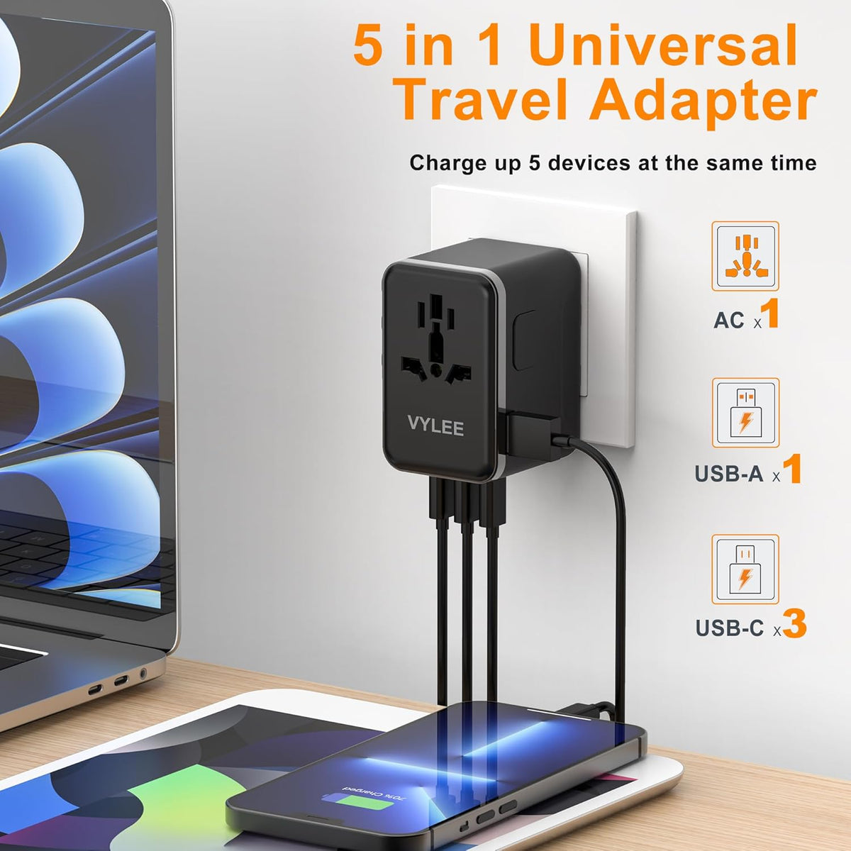 Universal Travel Adapter, VYLEE 70W International Plug Adapter with PD Fast Charging, 5-Port (1 AC/1 USB-A/3 USB-C), Wall Charger Worldwide Travel Essentials Plug for USA EU UK AUS Japan (Black)