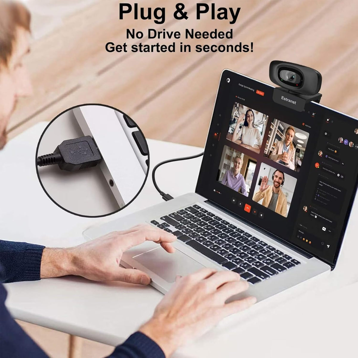 2K Quad HD Webcam with Privacy Cover & Noise-Canceling Microphone, Video Web Streaming Camera for PC Computer Desktop Laptop Mac Zoom Teams &More, 1pc USB C Adapter