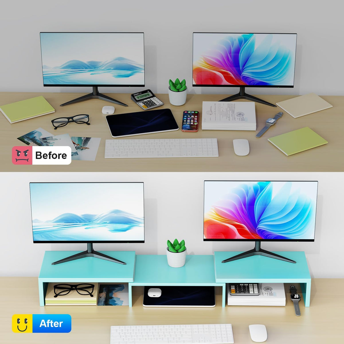 Dual Monitor Stand for Desk, Metal Computer Stand, Desk Shelf Riser,Desktop Organizer for Home and Office Use (Blue)