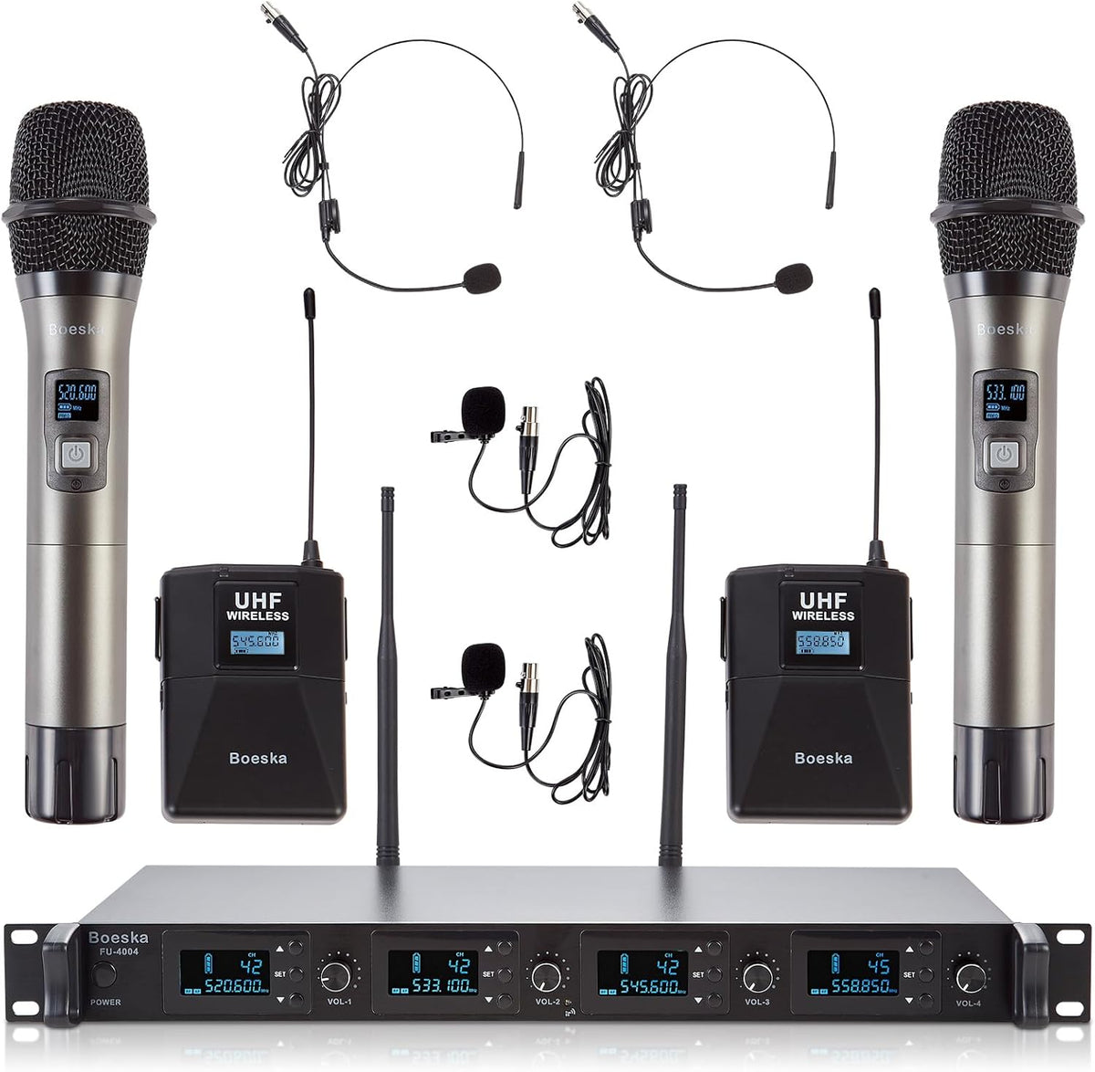 4 Channel Wireless Microphone System UHF 2 Cordless Handheld Mics and 2 Lavalier Headset Mics for Karaoke Church Speaking Conference Meeting Party, 4x25 Adjustable Frequency (2 Handheld + 2 Bodypack)