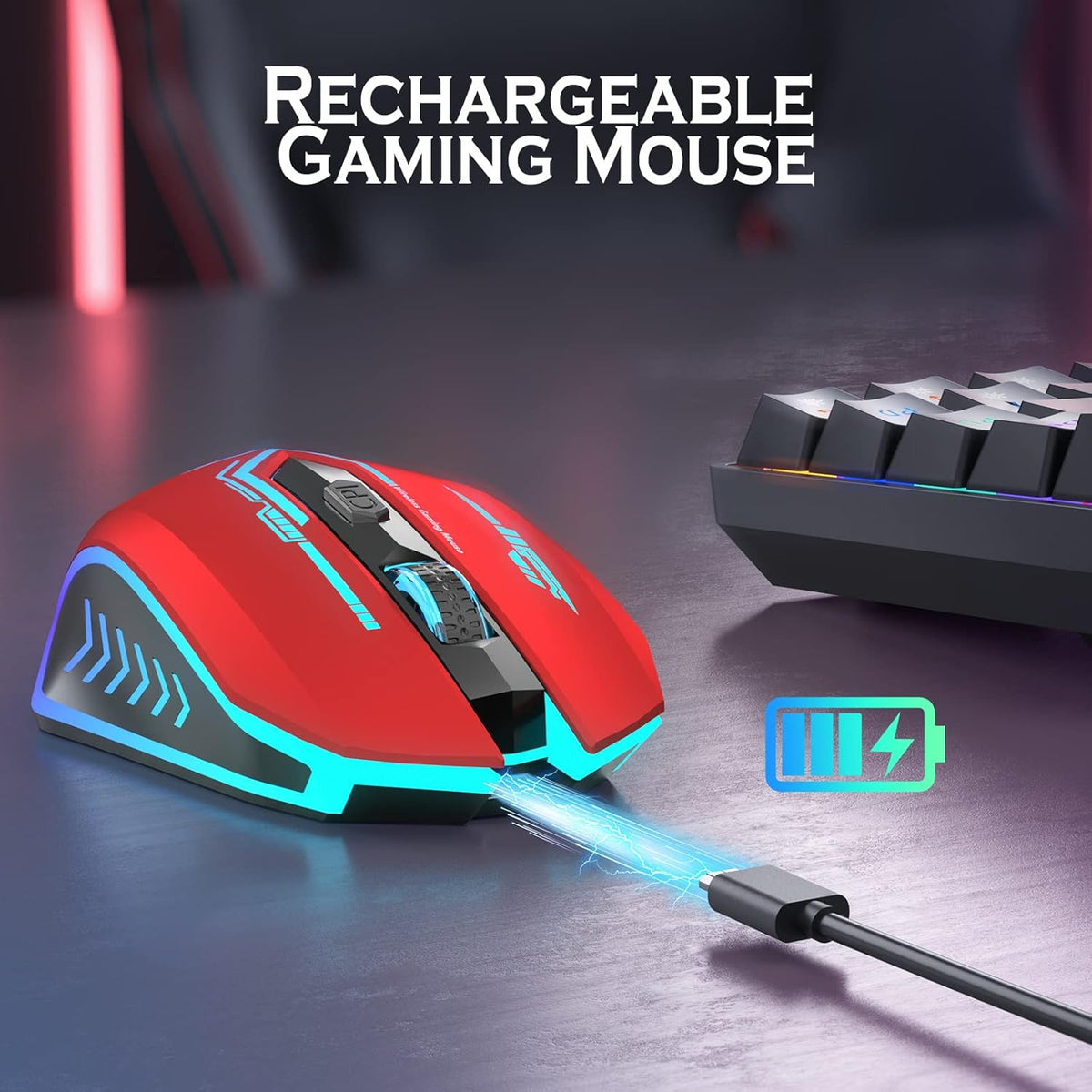 UHURU Gaming Mouse, Wireless Gaming Mouse with 6 Buttons 7 Changeable LED Color up to 10000 DPI, Rechargeable USB Gamer Mouse for PC Laptop (Red)