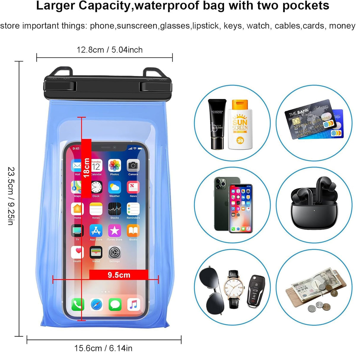 Large Capacity Waterproof Phone Pouch Floating, Waterproof Bag Case for iPhone 15 14 Pro Max 13 12 11 X XR 8 Plus Samsung Up to 6.9'', IPX8 Water Proof Phone Dry Bag for Swimming Kayaking, 1Pack