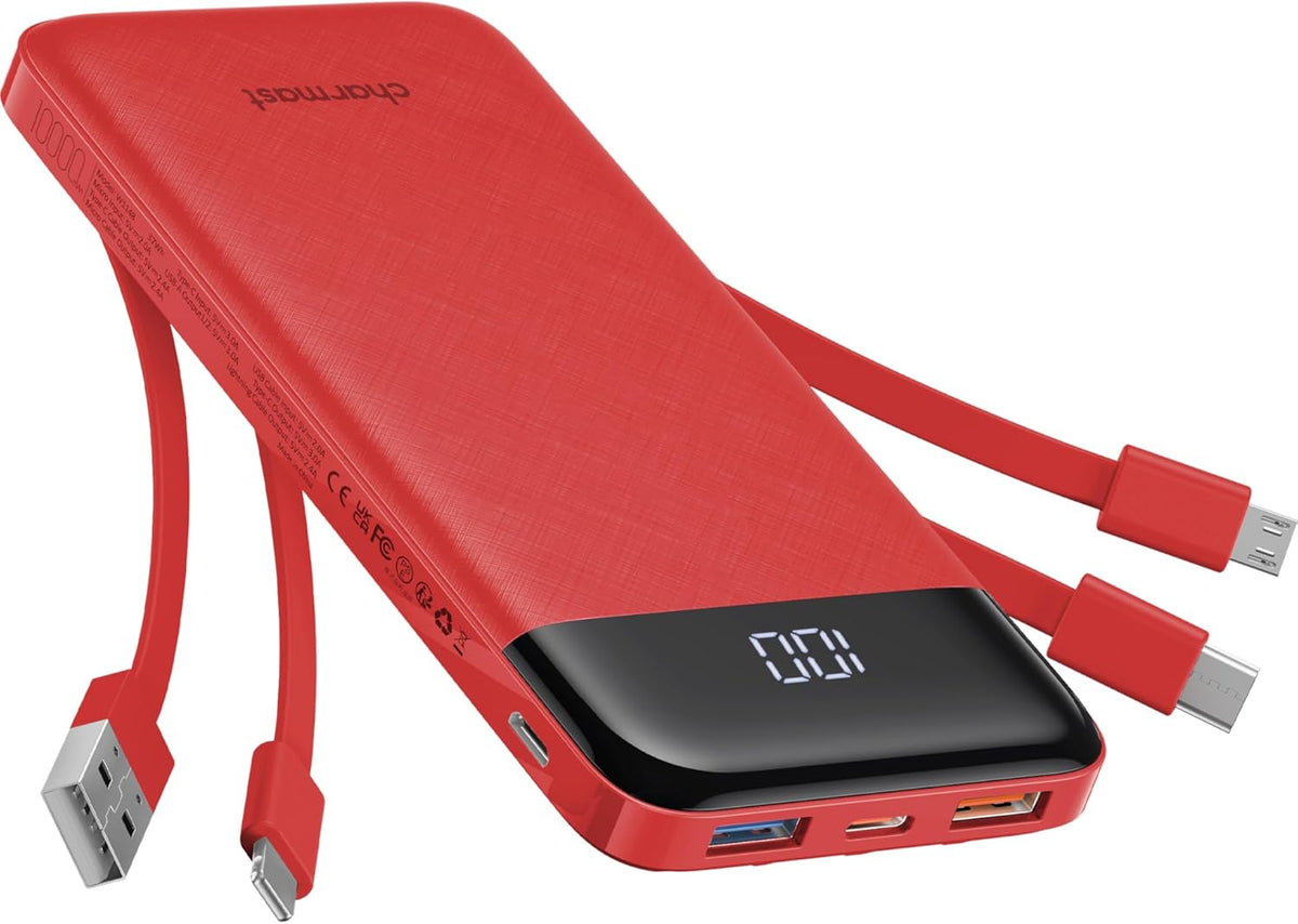 Charmast Portable Charger with Built in Cables, Power Bank with Cords Wires, Slim 10000mAh Travel Battery Pack 6 Outputs 3 Inputs 3A Fast Charging for Samsung Google Pixel LG Moto iPhone iPad