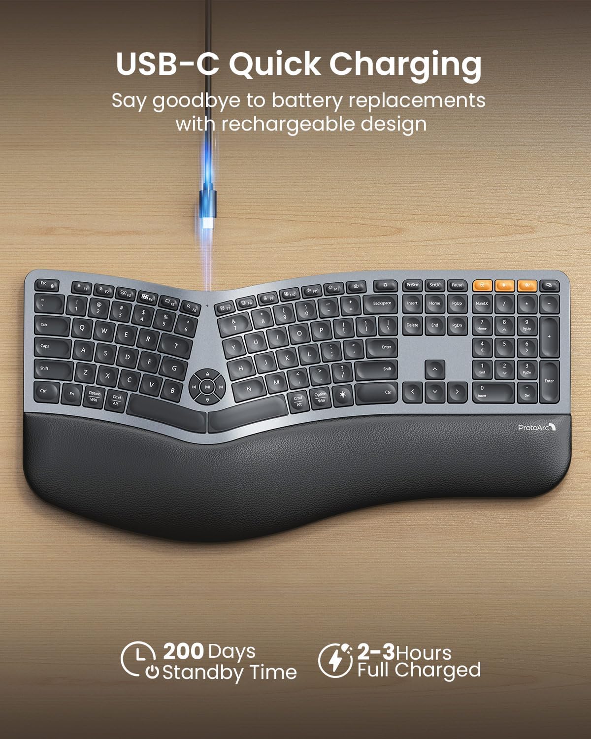 Backlit Bluetooth Ergonomic Keyboard, ProtoArc EK01 Plus Full Size Wireless Split Keyboard with Dual Bluetooth and USB, Cushioned Wrist Rest, Rechargeable for Windows/Mac/Android, Grey Black