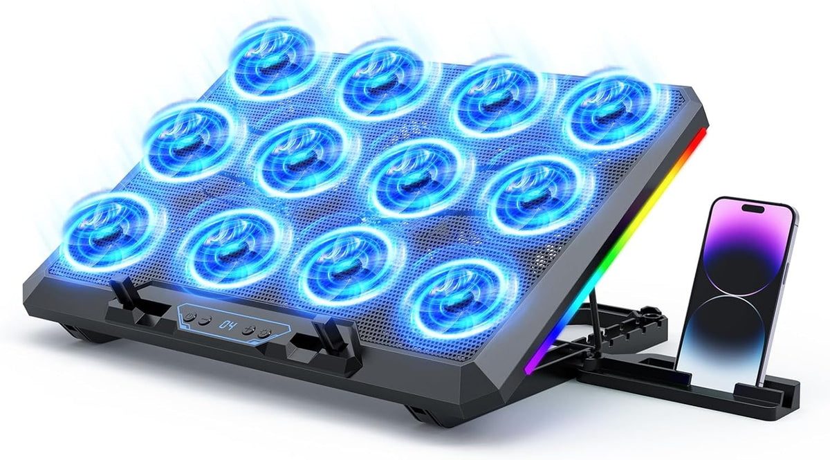 Laptop Cooling Pad with 12 Quiet Fans, Slim Portable for 12-17.3 Inch Laptop Cooler Stand, RGB Lighting, with 5 Height Adjustable, Gaming Cooling Fan Pad, USB/Type-C & Phone Holder (LCD)