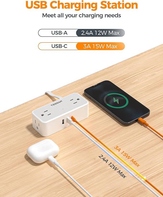 TESSAN Extension Cord 10 FT, Power Strip with 900J Surge Protection, Grey