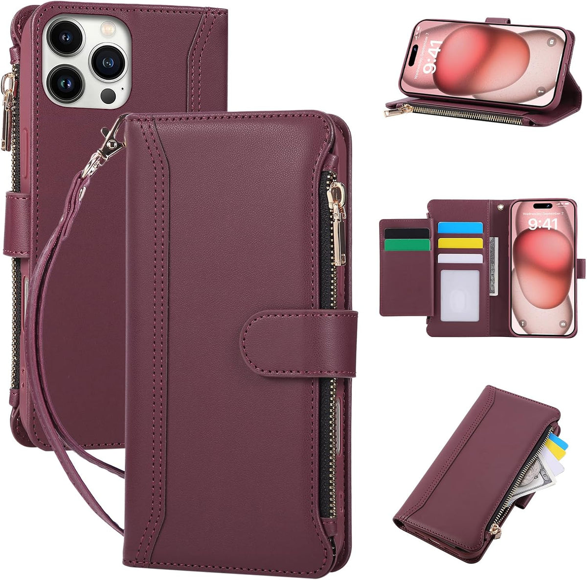 Compatible with iPhone 16 Pro Max Wallet Phone Case-PU Leather Magnetic Flip Cover with Credit Card Slots,Zipper Pocket & Detachable Wrist Strap,Shockproof Design,for Women and Men-Claret