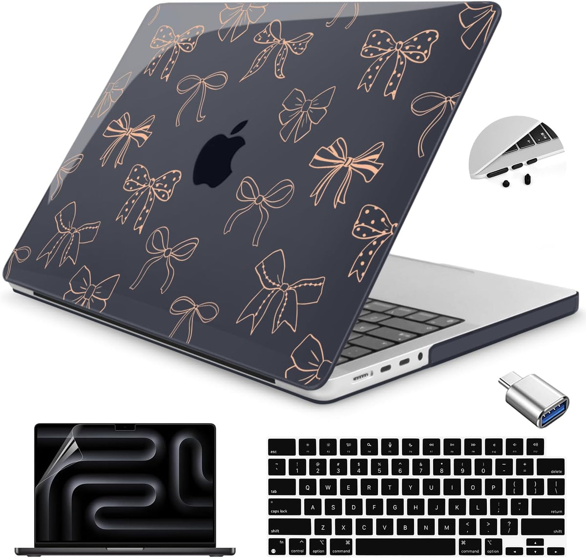 Teryeefi for MacBook Pro 14 inch Case M4 M3 M2 M1 Chip (2025 2024 2023 2021 Release) Model A3112 A3401 A3185 A2918 A2992 A2779 A2442, PC Hard Shell+Keyboard Cover+Type C Adapter, Gold Bows A003