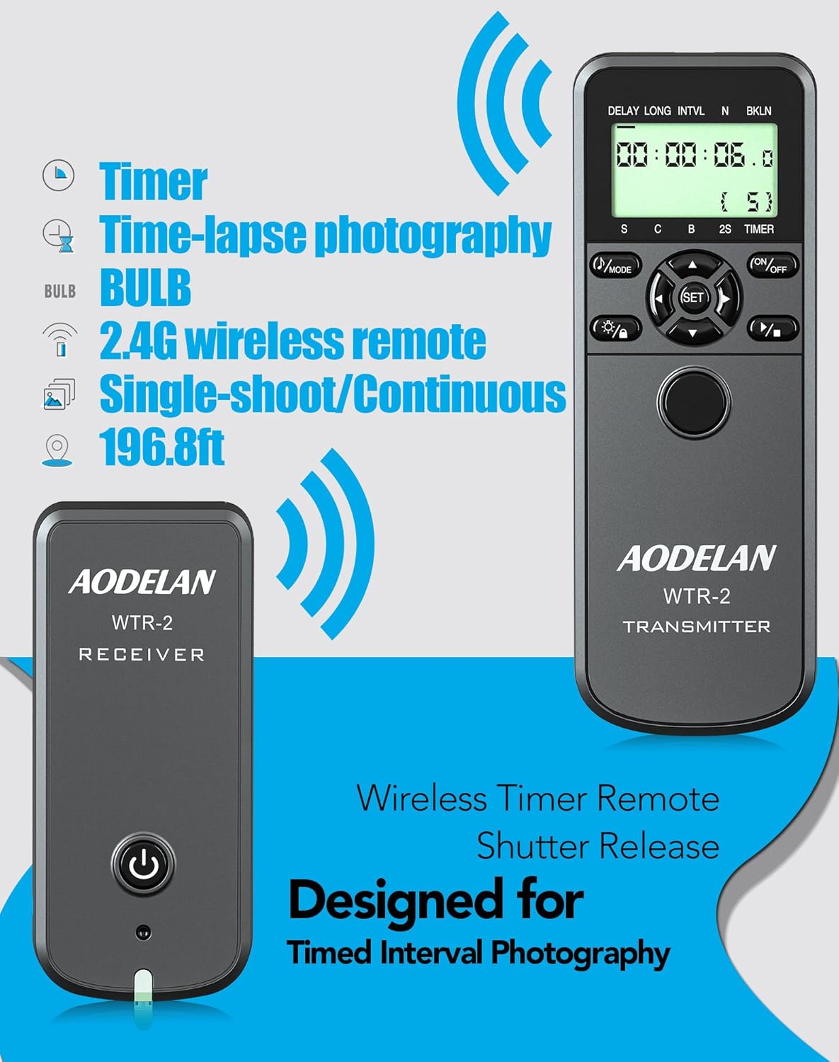 Wireless Timer Shutter Release Compatible with Canon Cameras, AODELAN Intervalometer Remote Control for R6 R 60D 70D 80D 600D M6 T6i; Replaces Canon RS-60E3, Fujifilm RR-100 and Olympus RM-CB2