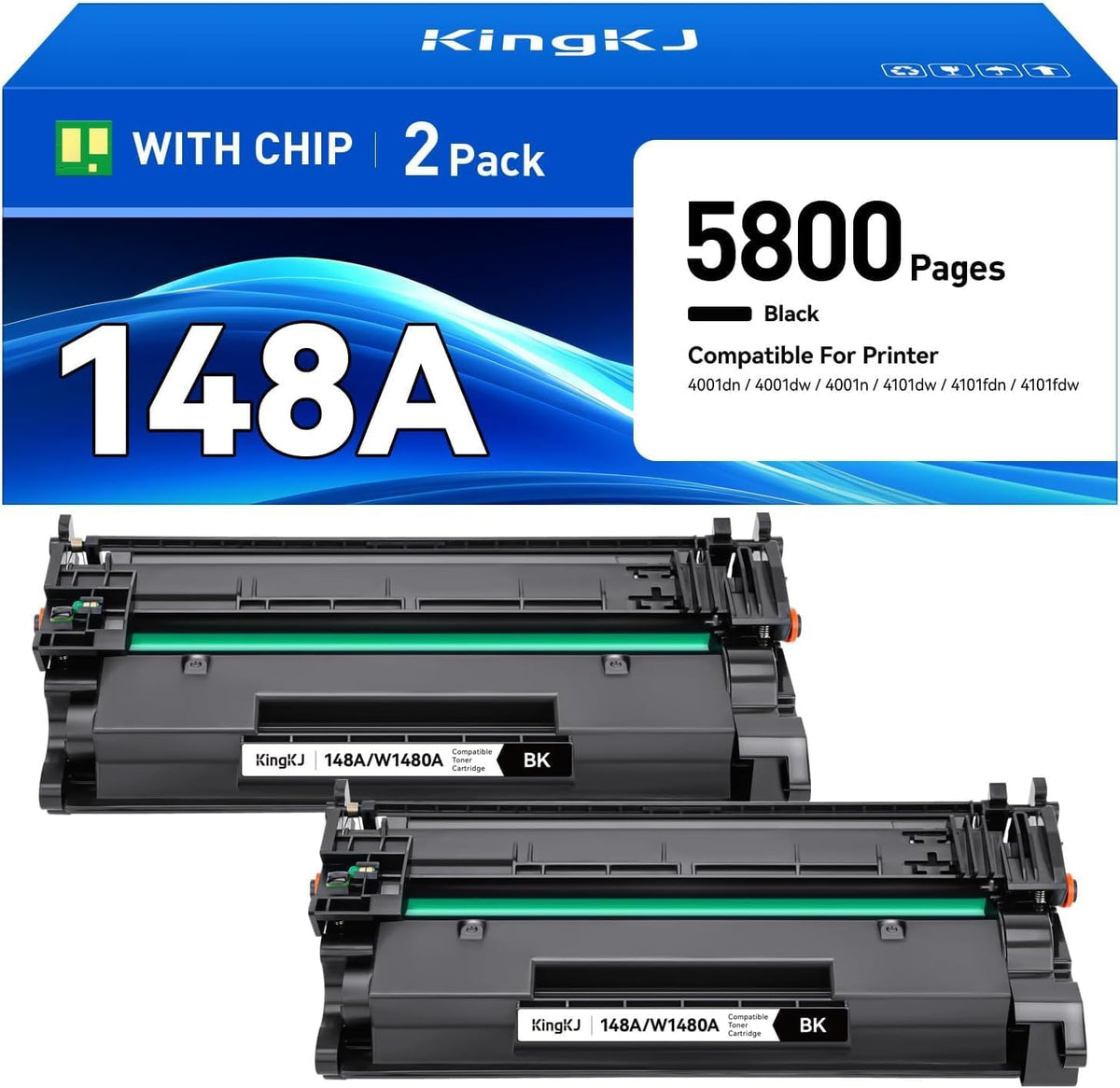 148A Black Toner Cartridge with chip 2-Pack High Yield Replacement for HP 148A W1480A 148X W1480X Compatible with HP LaserJet Pro MFP 4101dw 4101fdn 4101fdw 4001dn 4001dw 4001n Printer Ink 4001 4101 e