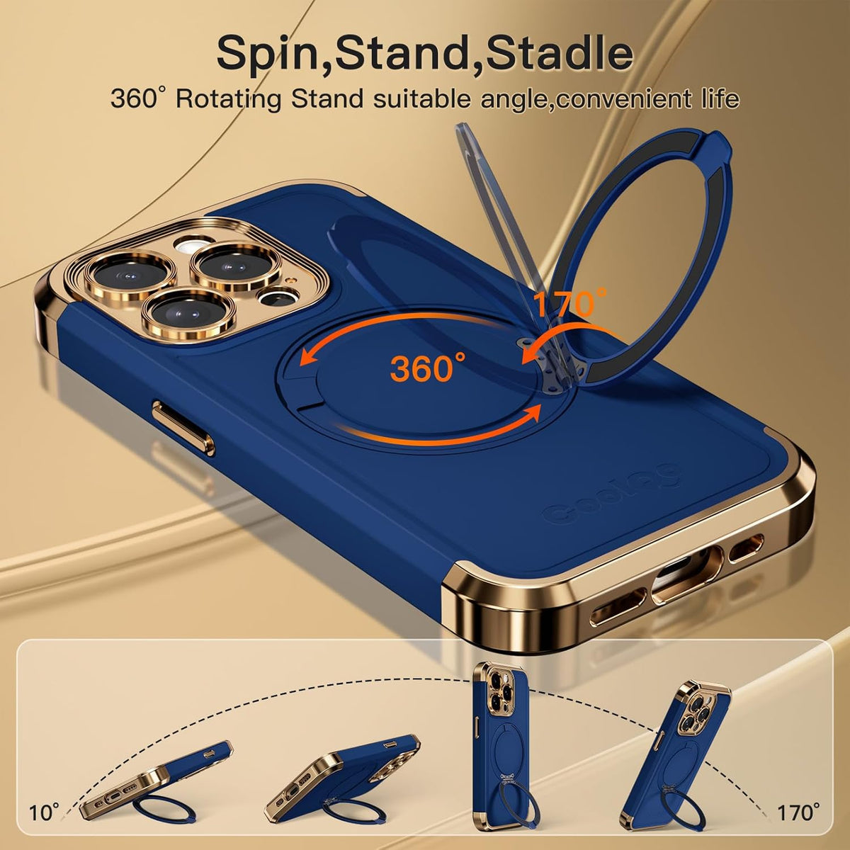 COOLQO for iPhone 14 Pro Case 6.1'' Upgraded 360° Spin Magnetic Stand [Compatible with Magsafe][Military Protection] Shockproof Protective Phone Holder Cover for iPhone 14 Pro, Blue Gold