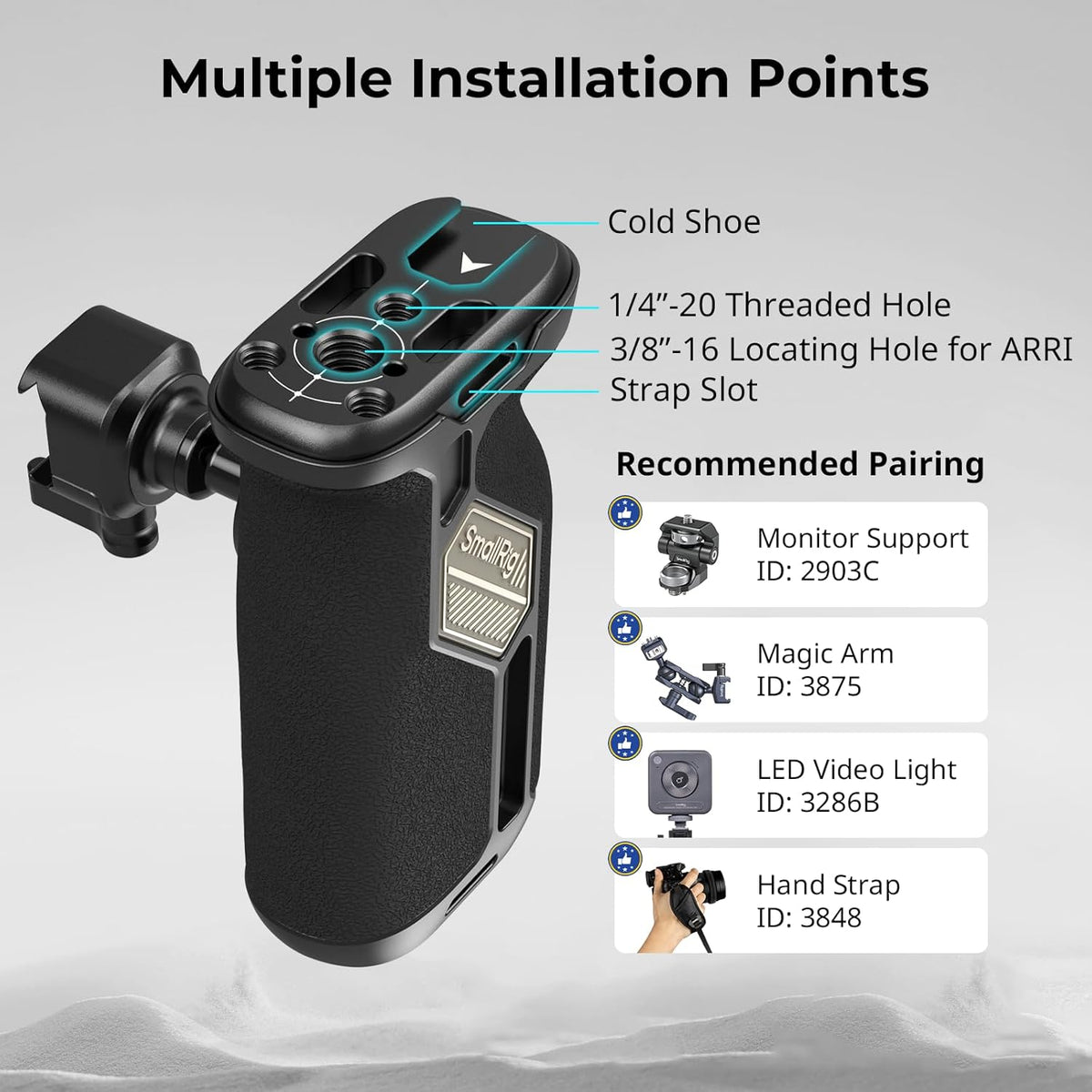 SmallRig Push-Button Rotating NATO Side Handle for Left and Right Hand, 360° Rotatable Side Handle with Anti-Slip Silicone, Camera Grip with Built-in Threaded holes, Wrist Strap Hole, Cold Shoe - 4359