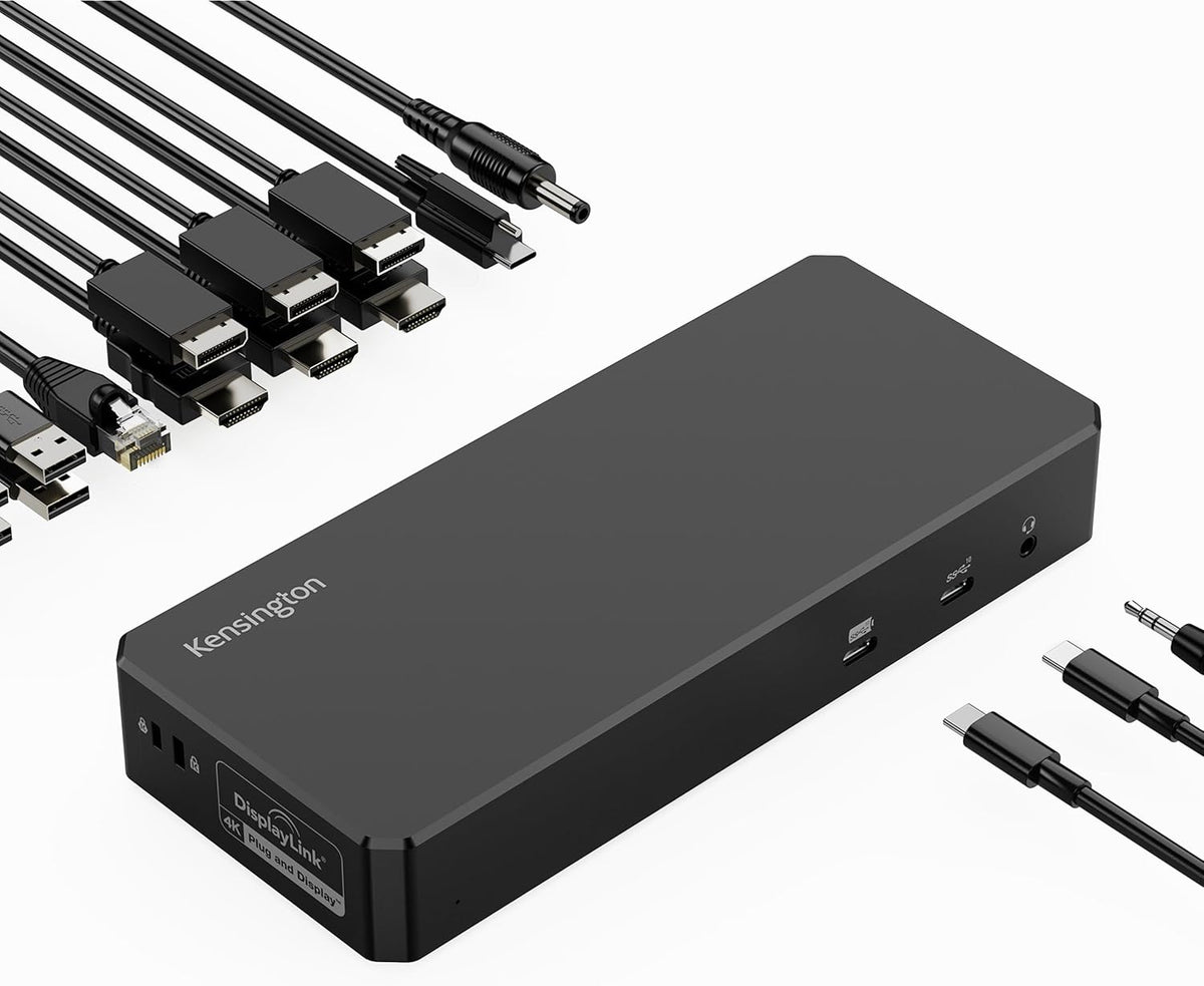 Kensington DisplayLink 4K Docking Station, Triple 4K for MacBook Pro/Air M1/M2/M3/M4, 14ports, 3xHDMI/3xDisplayPort,4xUSB A,2xUSB C 3.2, Ethernet, Audio, 100W PD (K33621NA)