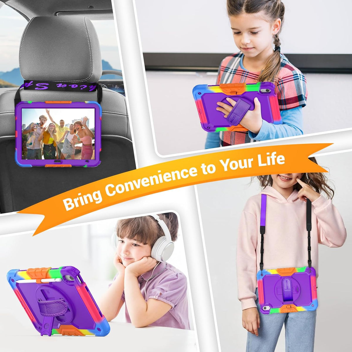 SEYMAC Case for iPad (A16) 11th/10th Generation 2025/2022 (11″/10.9″), Heavy Duty Full-Body Shockproof Protective Case with Screen Protector, Rotating Stand, Hand/Shoulder Strap, Colorful/Purple