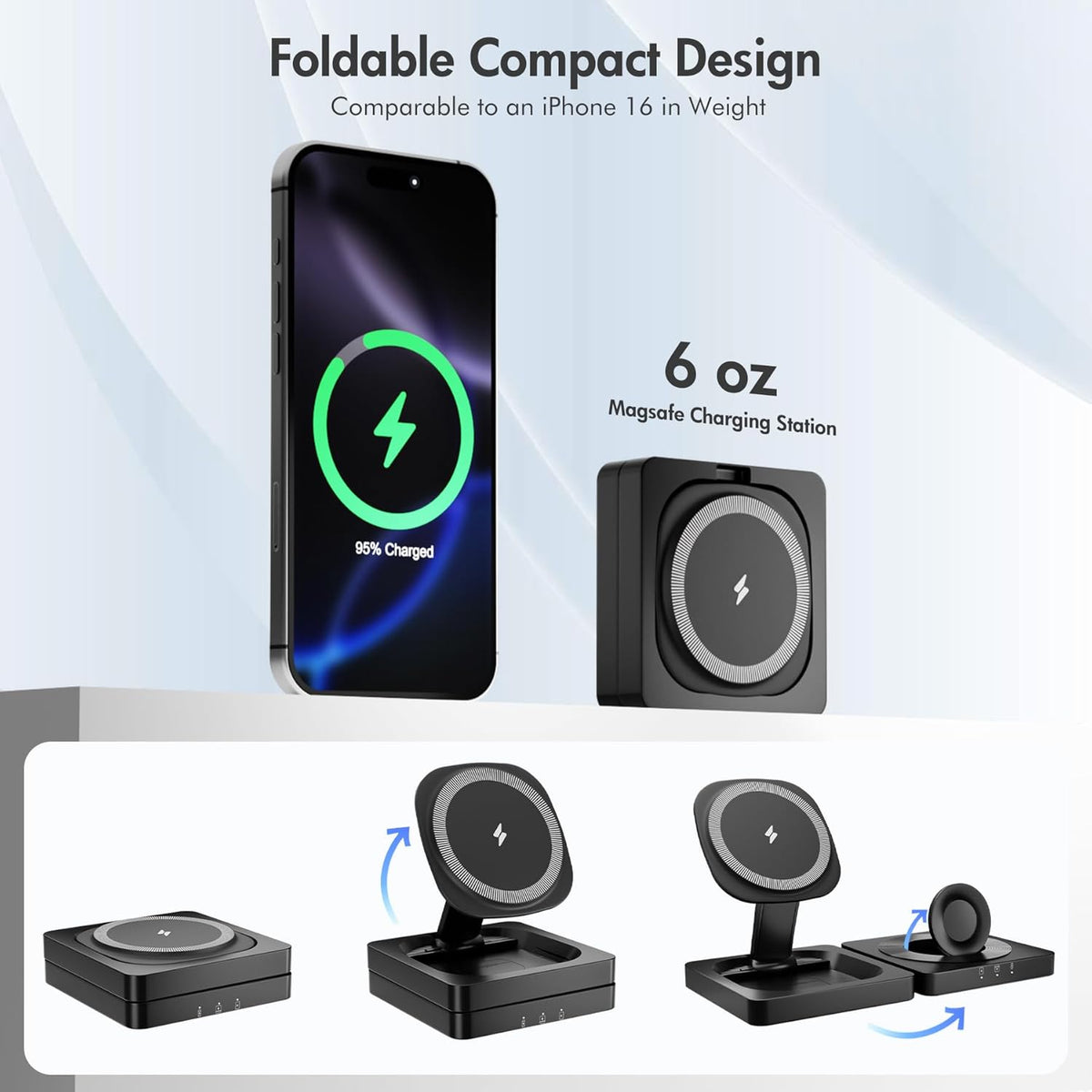Magnetic Wireless Charger for iPhone: 3 in 1 for Travel 15W Fast Charging Pad Foldable for iPhone 16e 16 15 14 13 12 Pro Max - for Apple Watch Ultra and AirPods Series Magnet Multiple Devices (Black)