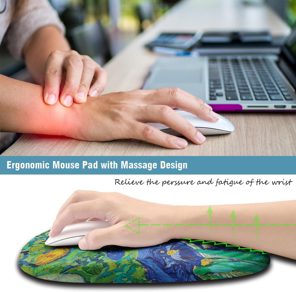 Ergonomic Mouse Pad Wrist Support, Floral Mouse Pad with Wrist Rest, Non-Slip PU Base MousePads with Foam Massage Design for Pain Relief, Desk, Office, Home, Van Gogh Flower
