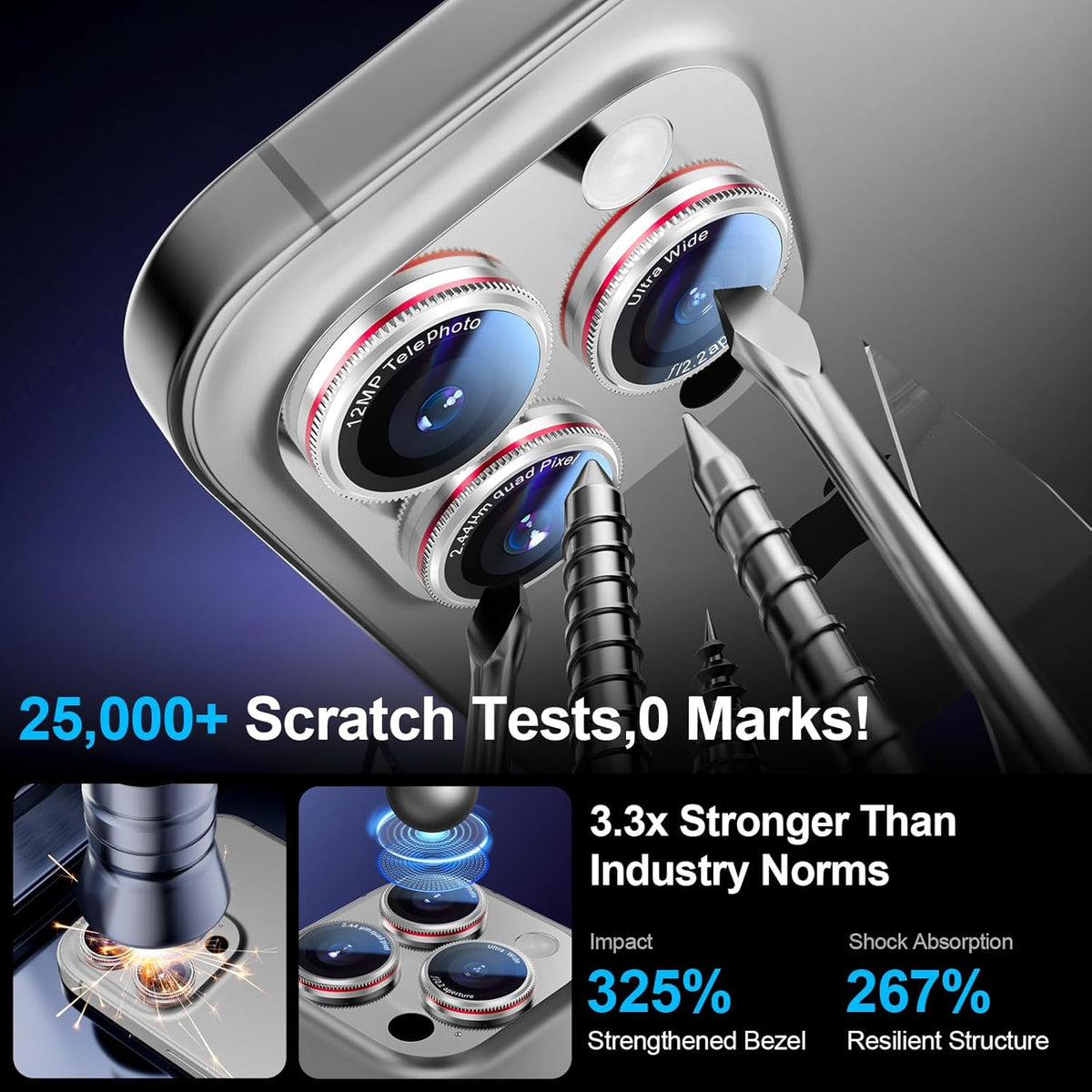 X-it 2 Pack Camera Lens Protector, Shatterproof Protection Anti-Scratch Ultra HD Camera Protector, Anti-Glare 9H Tempered Glass Lens Protector for iPhone 16 Pro Max/16 Pro, Case Friendly, Silver Red
