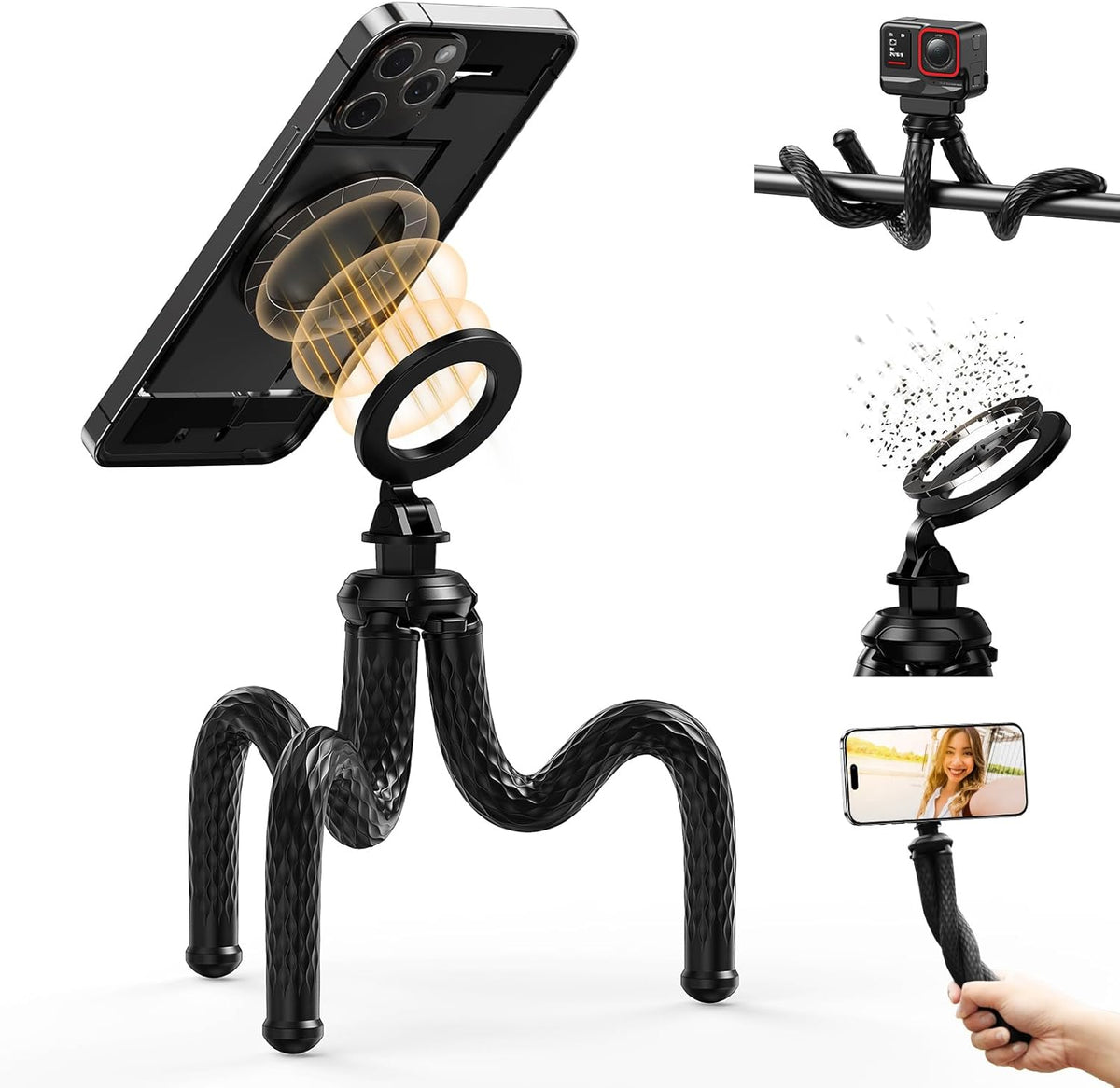 TELESIN Magnetic Flexible Tripod for iPhone, Mini Bendable Tripod Phone Stand for Magsafe Stroller Treadmill Tube Motorcycle Arm Phone Holder Selfie Stick for Video Recording for Phones Action Camera