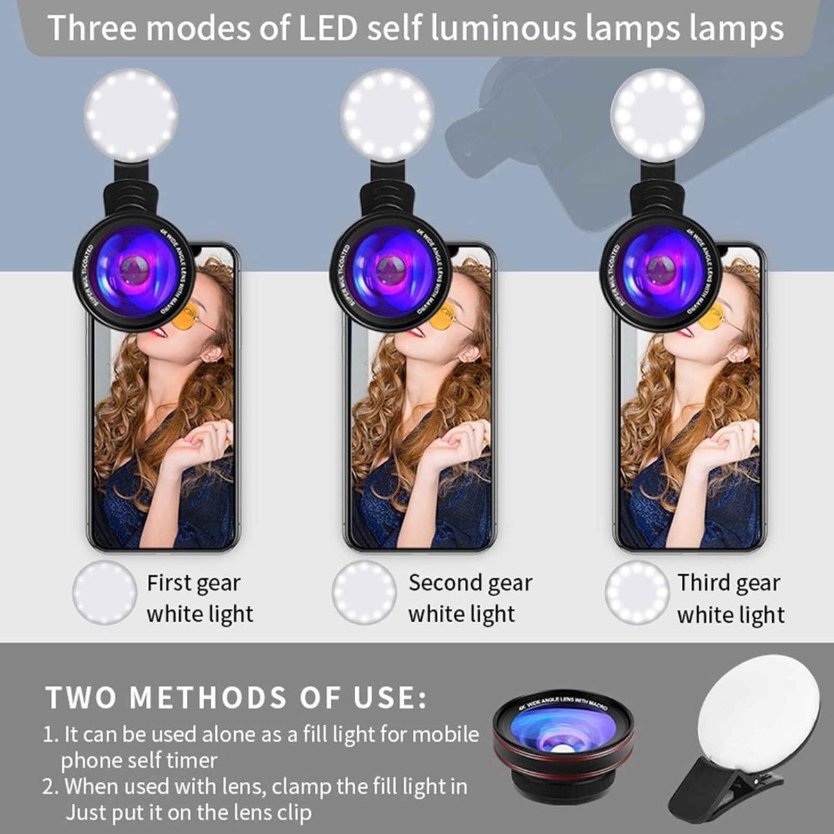 4K HD 0.45X Wide Angle Lens + 15X Macro Lens for iPhone Samsung - with Mini Selfie Ring Light, Quick Clip, Release Strap, Cleaning Cloth & Travel Case - Universal Phone Camera Lens Kit for Photography