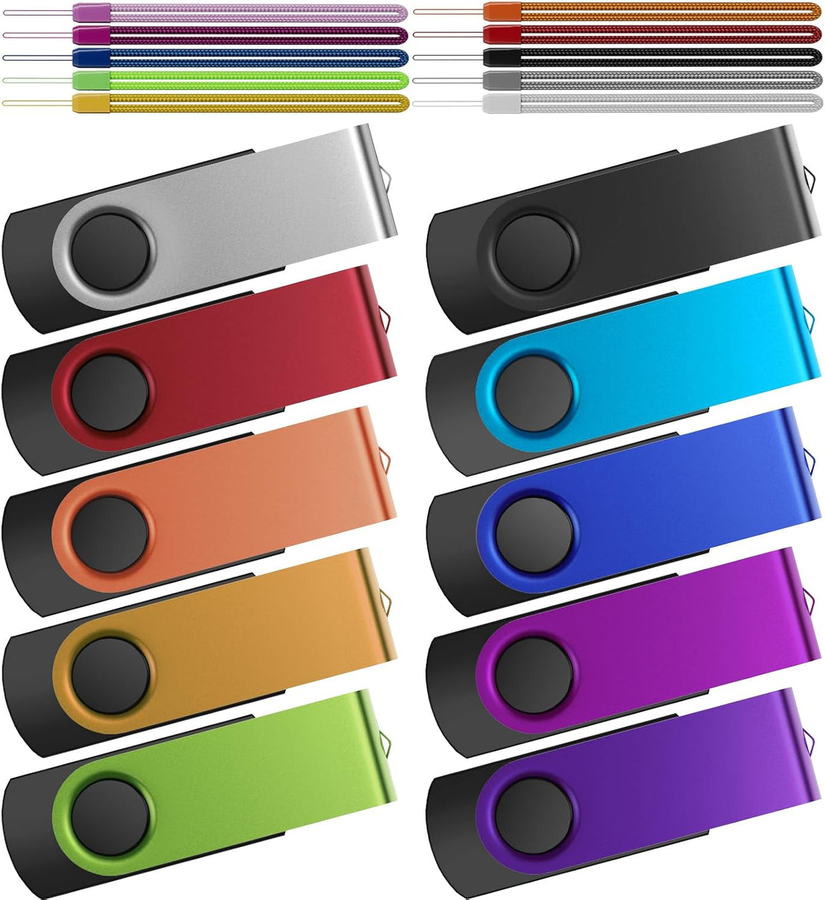 Kepmem 16GB USB 3.0 Multipack - 10pcs Thumb Drives, Metal, Swivel, Zip, Pendrives with Ropes