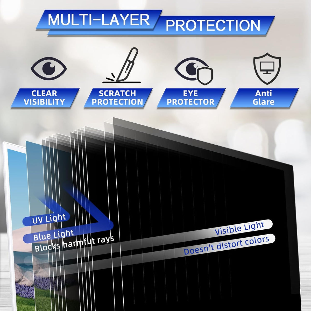 FILMEXT 31.5 inch Computer Privacy Screen Filter for 16:9 Widescreen Monitor, Removable 31.5 in Anti Blue Light Anti Glare Anti Spy Privacy Filter Shield-(27 7/16×15 7/16)