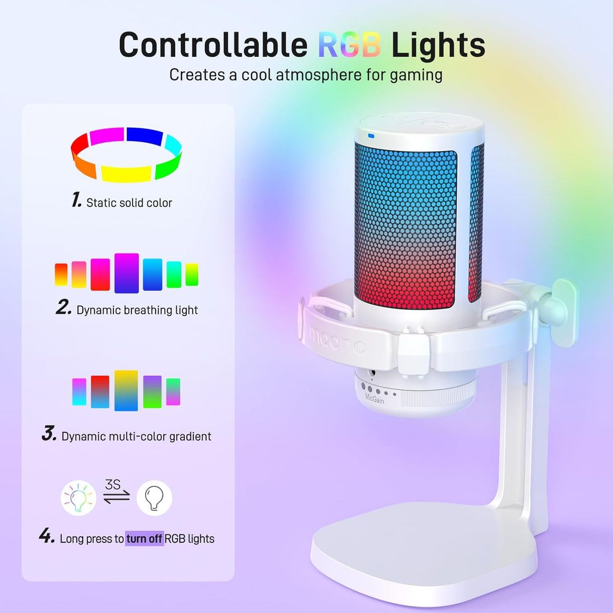 MAONO Gaming Microphone for PC with Noise Cancellation, USB Condenser Mic for Computer, Mac, Laptop, PS5, Streaming, Podcast, Twitch, YouTube, Discord, GamerWave DGM20 White