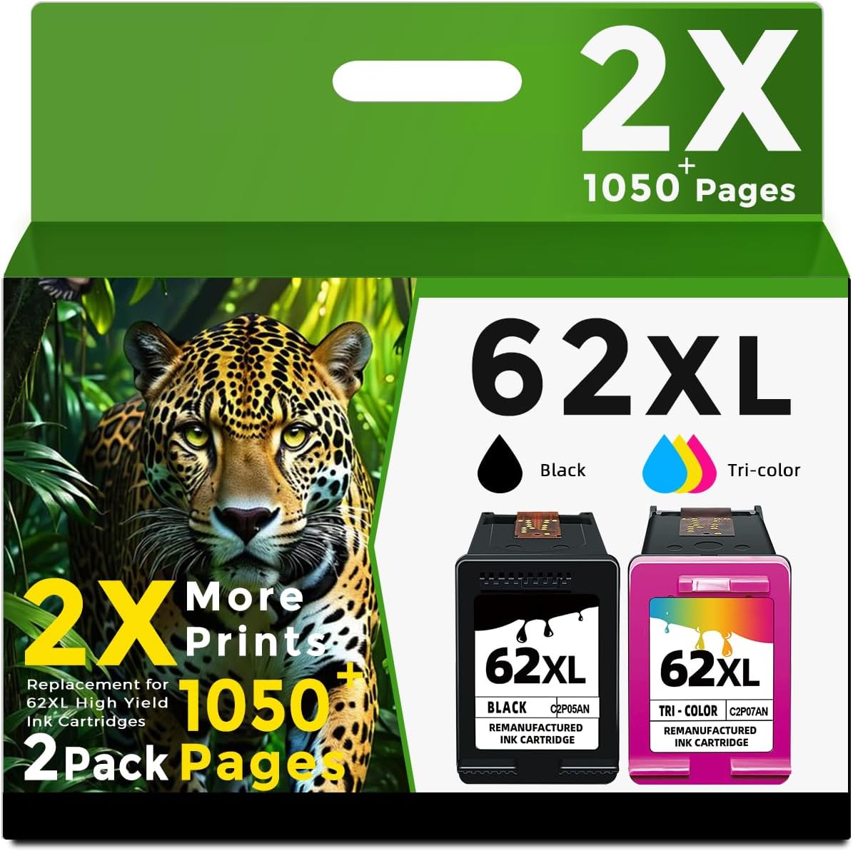 62XL Ink Cartridges Black and Color Replacement for HP 62 XL Hp62XL Cartridge for Envy 5660 7640 7645 5540 5549 OfficeJet 5745 5740 5741 8040 (2 Pack)