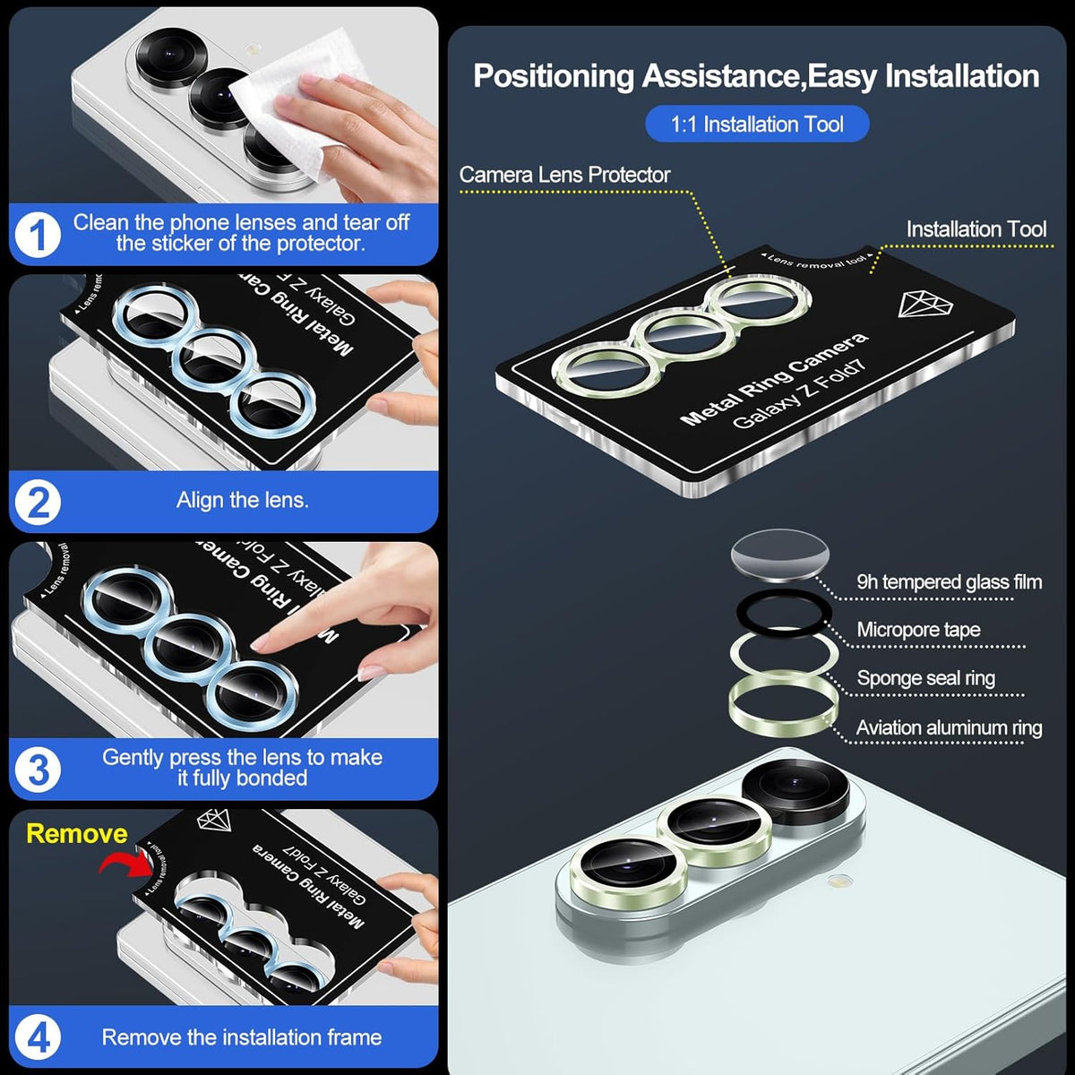 for Samsung Galaxy Z Fold 7 Camera Lens Protector, Individual Metal Ring Tempered Glass Lens Cover, [Strong Adsorption] Scratch Resistant Ultra-Thin HD Clear Lens Cover, 1 Set-Green