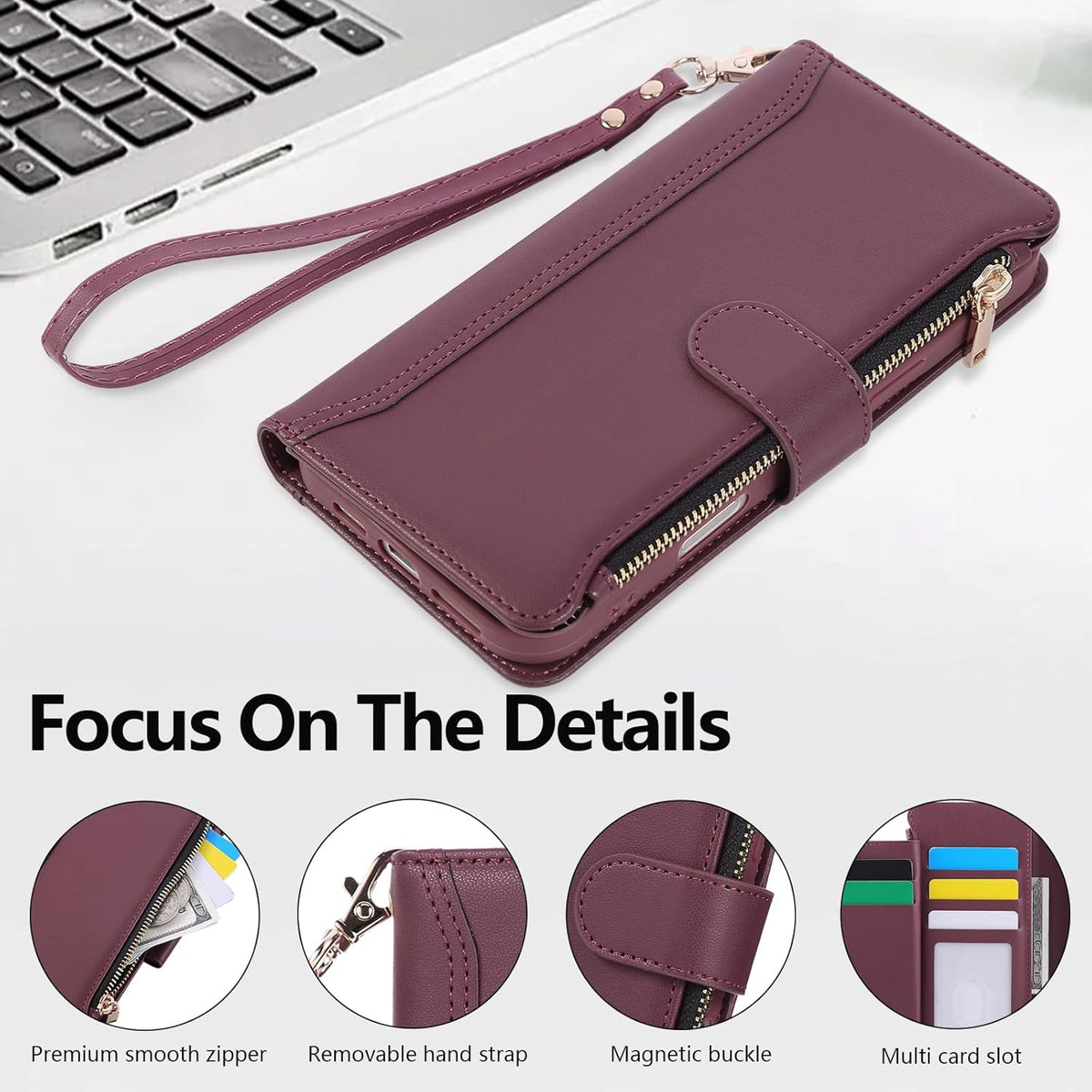 Compatible with iPhone 16 Pro Wallet Phone Case-PU Leather Magnetic Flip Cover with Credit Card Slots,Zipper Pocket & Detachable Wrist Strap,Shockproof Design,for Women and Men-Claret