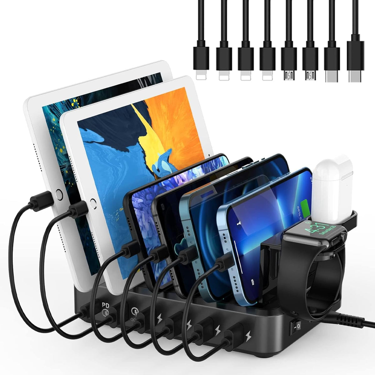 Charging Station for Multiple Devices,68W 6 Ports USB Charger Station with 20W PD USB-C Fast Charging,8 Short Charging Cables Included,Compatible with iPhone 15/14 /13/12, Galaxy iPad,Tablets