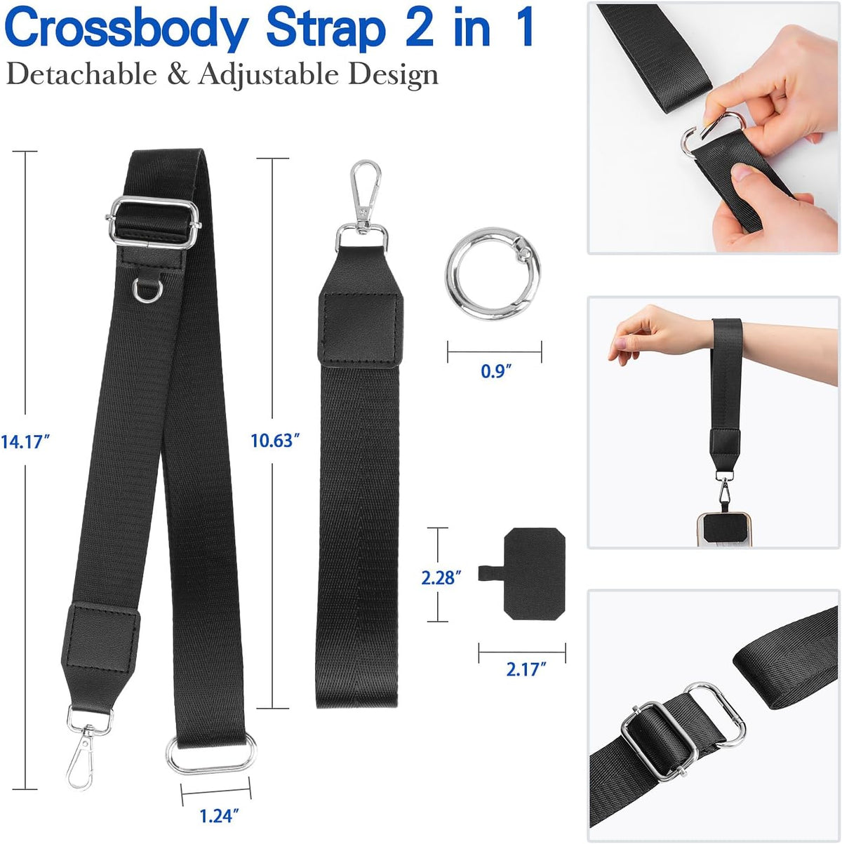 kullder Clip and Go Phone Strap Crossbody with Zipper Wallet, 2 Pcs-Crossbody Lanyard & Wrist Strap-1 Pad, 2 Wallets, Save Girls Phone Strap with Pouch, Universal Lanyard Cellphone Holder (Black)