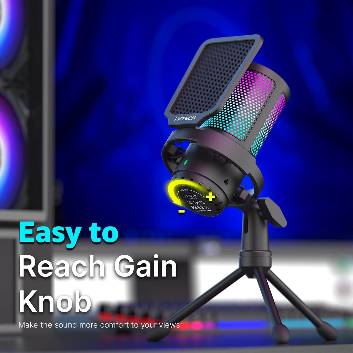 IXTECH USB Gaming Microphone for PC, RGB Condenser Microphone with Tripod Stand, Pop Filter, Rotate Gain Button, and Quick Mute, Noise Cancellation Computer Mic for Streaming, Gaming, Podcasting