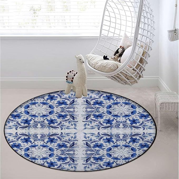 Blue Round Rug Nursery Rug for Bedroom Playroom Non Slip Educational Playmat Round Circle Carpet Porcelain Style Traditional Pattern Colors Diameter 39.4 in
