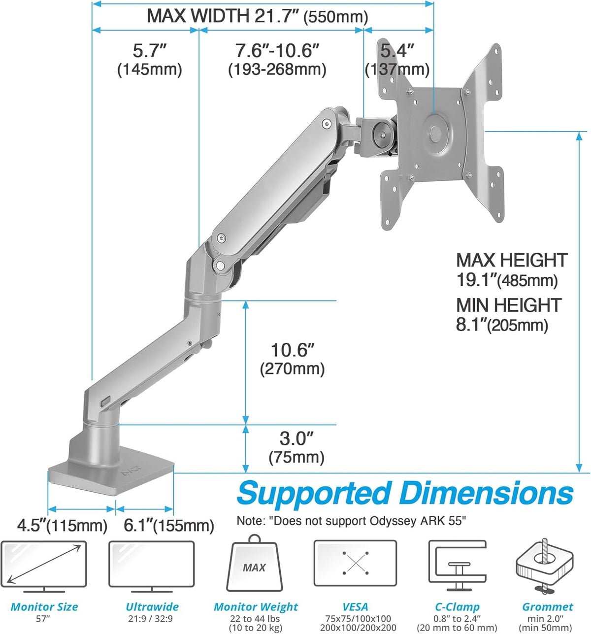 AVLT Single 34”-57” Monitor Arm Desk Mount fits One 44 lbs Heavy Duty Screen Full Motion Height Swivel Tilt Rotation Adjustable Gray Arm VESA 200x200 200x100 100x100 75x75