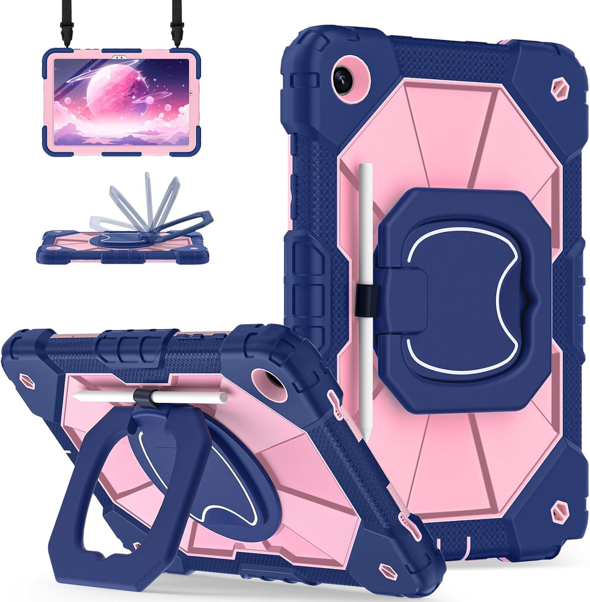for Galaxy Tab A9 Plus Case 11 Inch, Rugged Case for Samsung Galaxy A9+ Tablet with Screen Protector 360 Rotating Stand Shoulder Strap Pen Holder, 2023 Model(SM-X210/X216/218), Navy Rose
