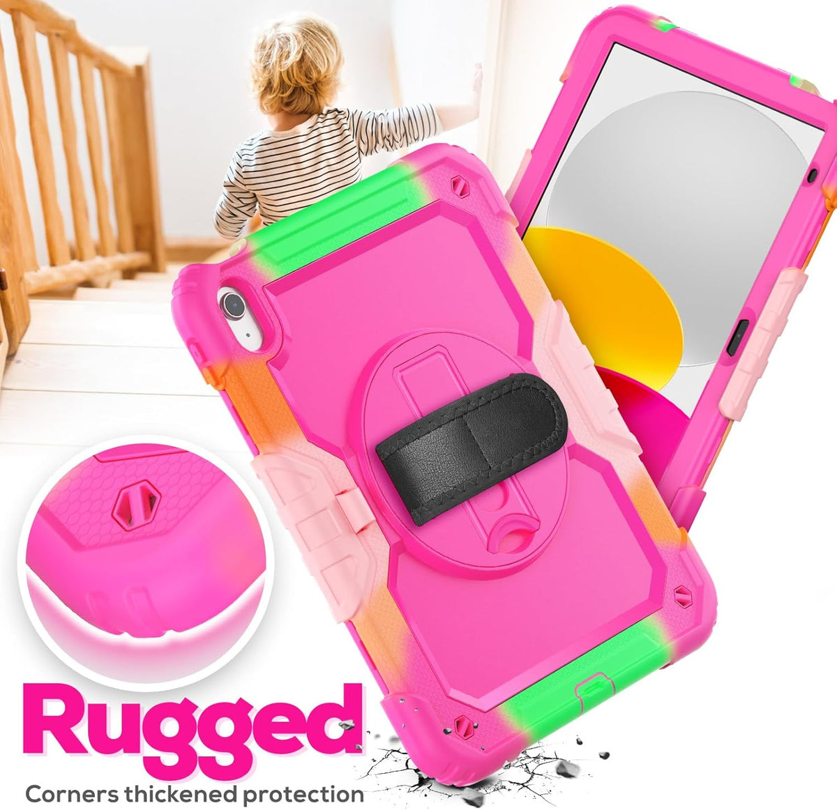 BLOSOMEET Case for iPad A16 11th/10th Generation 11''/10.9'' 2025/2022 with Tempered Glass Screen Protector, Protective Kids Cover with Stand Hand Grip Shoulder Strap, Rosered