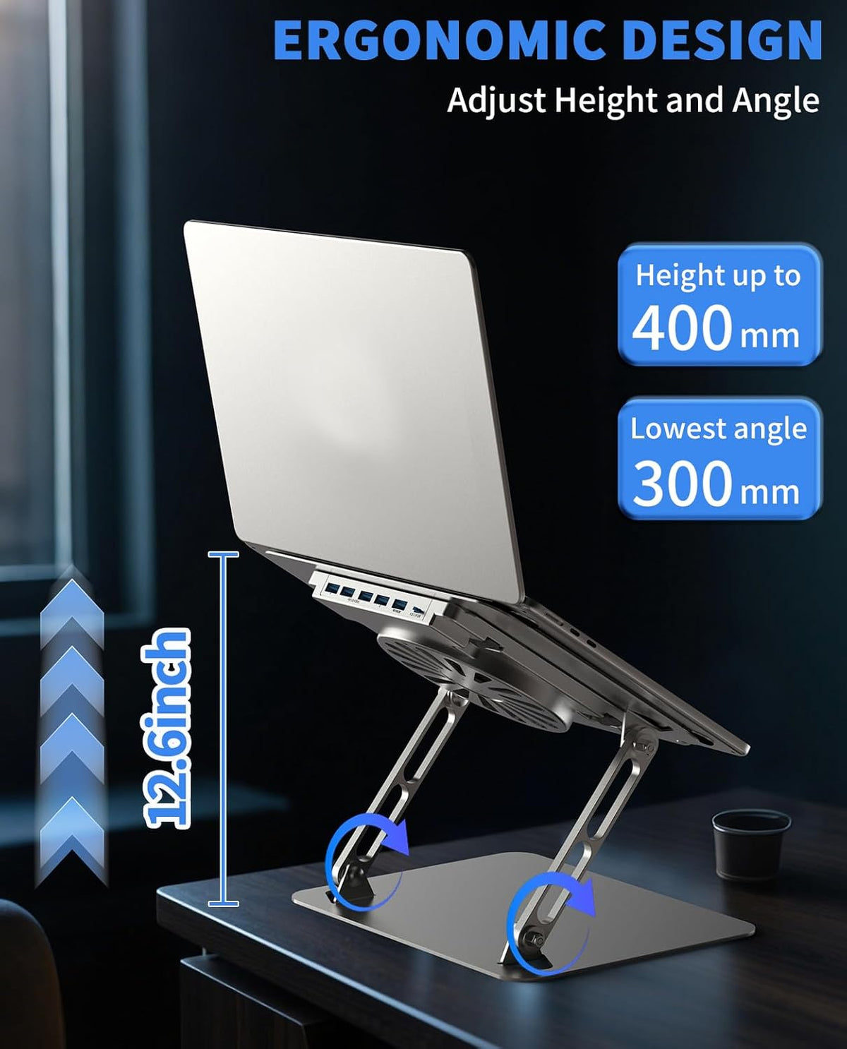 SOUNDANCE Laptop Cooling Pad with Upgrade Low-Noise Fan and 3.0 USB Hubs, Ventilated Laptop Cooler Prevent Overheating, Adjustable Ergonomic Laptop Stand Support Up to 16” Gaming Notebook Computer