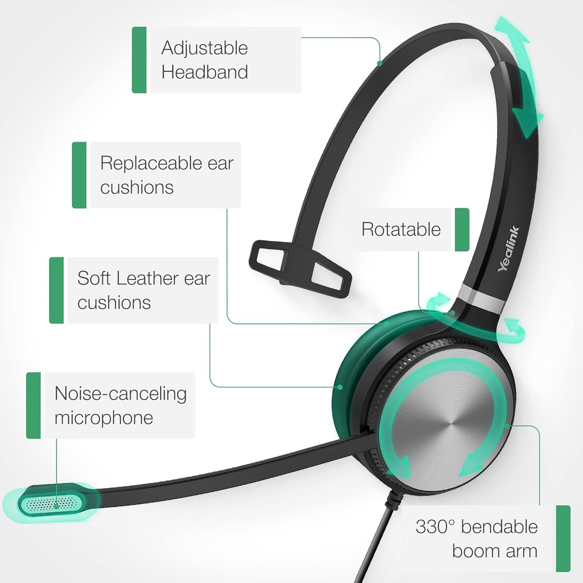 Yealink UH36 Professional USB Headset Wired Headphones for Work Calls and Music, Headset with Noise Cancelling Mic for Computer PC Laptop（UC Compatible, Mono,3.5mm Jack/USB Connection）