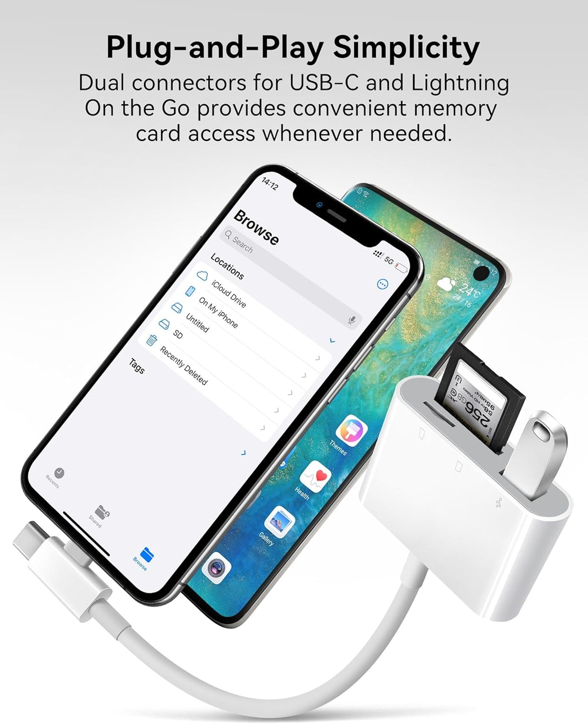 SD Card Reader for iPhone, SD Card Adapter with Lightening & USB C Dual Connectors Plug&Play Supports microSD, SD and USB-A OTG, Portable Trail Camera Memory Reader for iPhone Mac MacBook iPad
