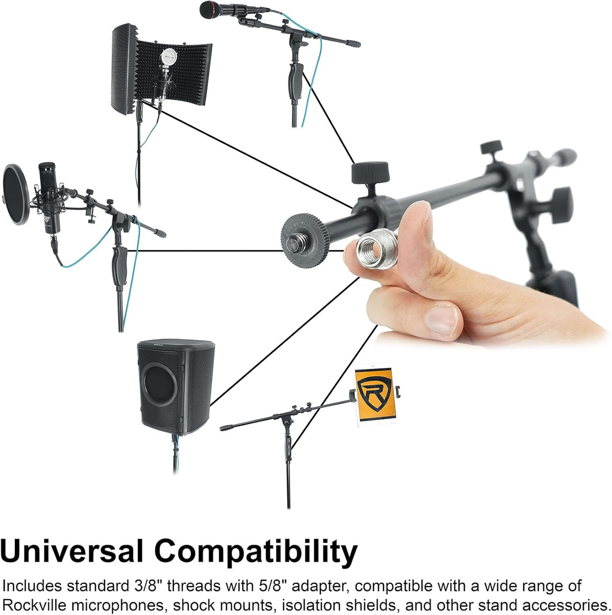 Rockville RVMIC3 V2 Portable Adjustable Tripod Boom Mic Stand for Singers & Musicians, Quick Release Clutch, Sturdy All-Metal, 25"-46.5" Telescopic Boom, Foldable, 6.7 lbs